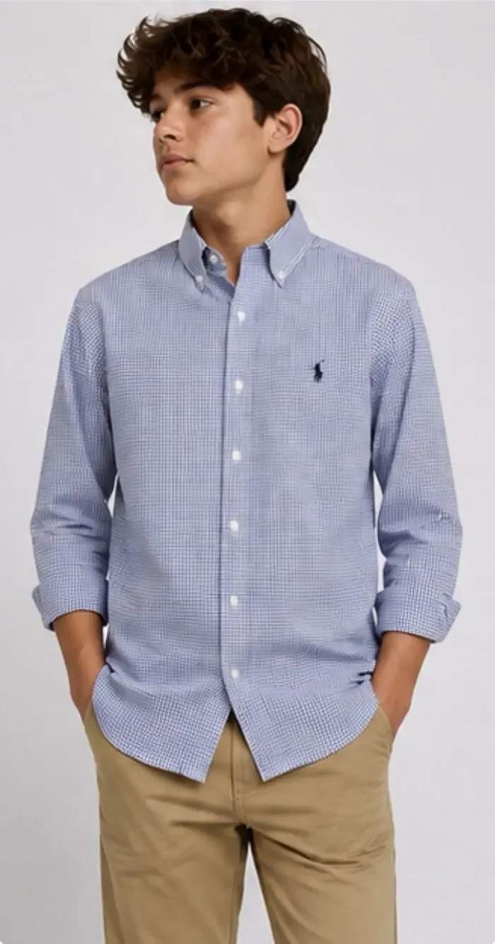 Ralph Lauren Youth XL 18-20 Blue Check Button Down Long Sleeve Shirt Cotton